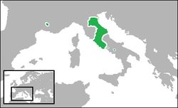 Mapa ti Es-estado ti Papa (berde) idi 1700 (idi kaaduan ti panaggay-atna), a mairaman dagiti eksklabe ti Benevento ken Pontecorvo idiay Akin-abagatan nga Italia, ken ti Comtat Venaissin ken Avignon idiay Akin abagatan a Pransia.