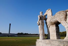 Statue and Bell Tower at Olympiastadion