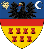 Blue, red and yellow shield with an eagle, the sun, moon and seven castle turrets