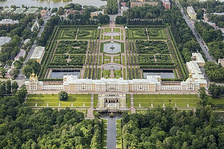 Aerial view of Peterhof Palace and upper gardens