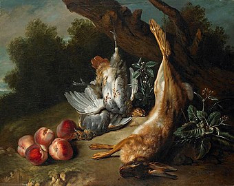 Natură statică cu vânat mort și piersici într-un peisaj, (1727), 80 x 100.3 cm., Muzeul de Artă din Birmingham