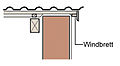 Ortgang-Konstruktionsdetail: Das Windbrett bildet die Dachuntersicht vom Giebelüberstand. Rechts davon liegt das senkrechte Stirnbrett mit abgeschrägter Tropfkante. Das Stirnbrett deckt das Windbrett und die quer dazu verlaufenden Dachlatten ab.[7]