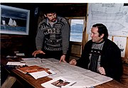 Vladimir Martus and historian Viktor Krainukov with Shtandart drawings