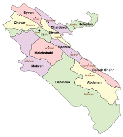 Location of Chavar County in Ilam province (top left, yellow)