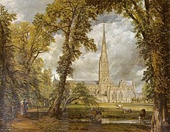 One of Constable's best-known works, this shows Salisbury Cathedral with its single tall spire lit by sun against a stormy sky. It is viewed through an arch made by two tall trees.