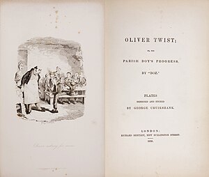 1838年発行の初版より口絵と表題紙 イラストとデザインはジョージ・クルックシャンク。