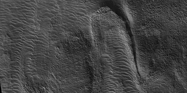 Tongue-shaped glacier, as seen by HiRISE under HiWish program. Note: this is an enlargement of the previous image.