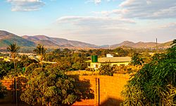 A set of trees and settlement with hills in the background