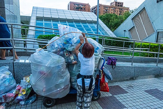 The Middle-aged woman was sorting and collecting recyclable garbage