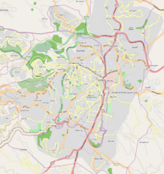 Mapa konturowa Jerozolimy, w centrum znajduje się punkt z opisem „Biblioteka Narodowa Izraela”