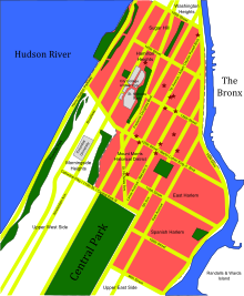 A map of Upper Manhattan with pink sections for Harlem