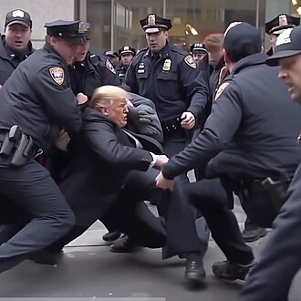 Journalist Eliot Higgins' Midjourney-generated image depicts former President Donald Trump getting arrested. The image was posted on Twitter and went viral.[129]