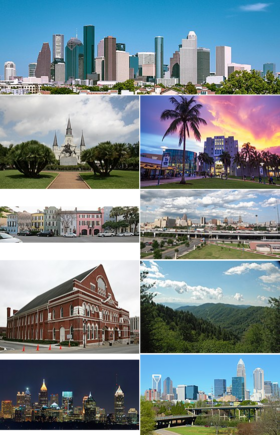 Da esquerda para a direita a partir do topo: Vista de Houston, Jackson Square em Nova Orleans, Florida International University em Miami, Rainbow Row em Charleston, Ryman Auditorium em Nashville, Great Smoky Mountains, horizonte de Atlanta, horizonte de Charlotte