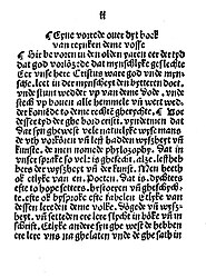 The title of this passage reads Eyne vorrede ouer dyt boek van reynken deme vosse, which translates as 'A prologue about this book of Reynard the Fox'. Reynard the Fox is an allegorical epic that was popular in medieval Europe. This depiction is from the 1498 edition published in Lübeck, one of the major Hanseatic cities. The typeface is typical for the blackletter used in MLG printing.