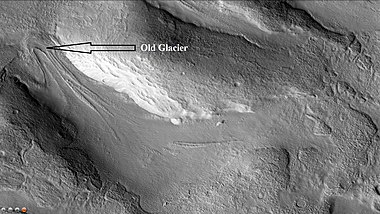 Old glacier just to north of Sinton Crater, as seen by CTX camera (on Mars Reconnaissance Orbiter). This is one of many glaciers in the region. Note: this is an enlargement of a previous image of west side of Sinton.