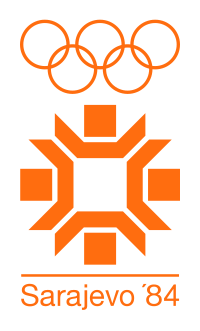 Logo der Olympischen Winterspiele 1984 mit den olympischen Ringen