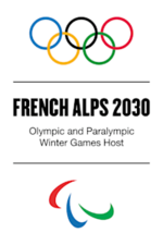 The Olympic rings and Paralympic agitos above and below the words "French Alps 2030, Olympic and Paralympic Winter Games host"