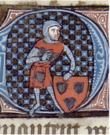 A cartoon-like coloured image of a person in medieval armour leaning on a shield