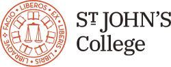 The logo of St. John's College consists of a round seal with the words "St. John's College" arranged by its side. The seal design consists of seven books arranged around a scale (balance) in the center. Around the seal are the words Facio liberos ex liberis libris libraque, the college's motto in Latin.