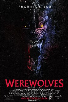 The face of a werewolf with yellow eyes and a long open mouth, bathed in red and blue light.