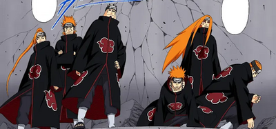 A group of six red-haired characters wearing black clothes who have multiple piercings