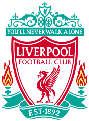 Dòng chữ "Liverpool Football Club" ở trung tâm nền cờ với hai ngọn lửa hai bên. Dòng chữ màu xanh "You'll Never Walk Alone" trang hoàng ở phía trên biểu tượng, "EST 1892" ở dưới cùng