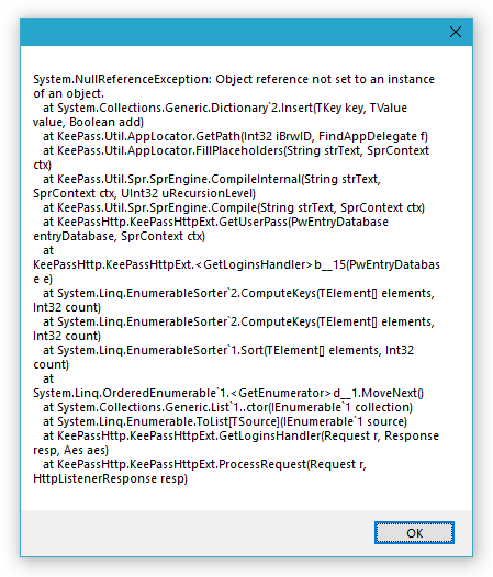 keepass htpp System NullReferenceException Object reference not set to an instance of an object