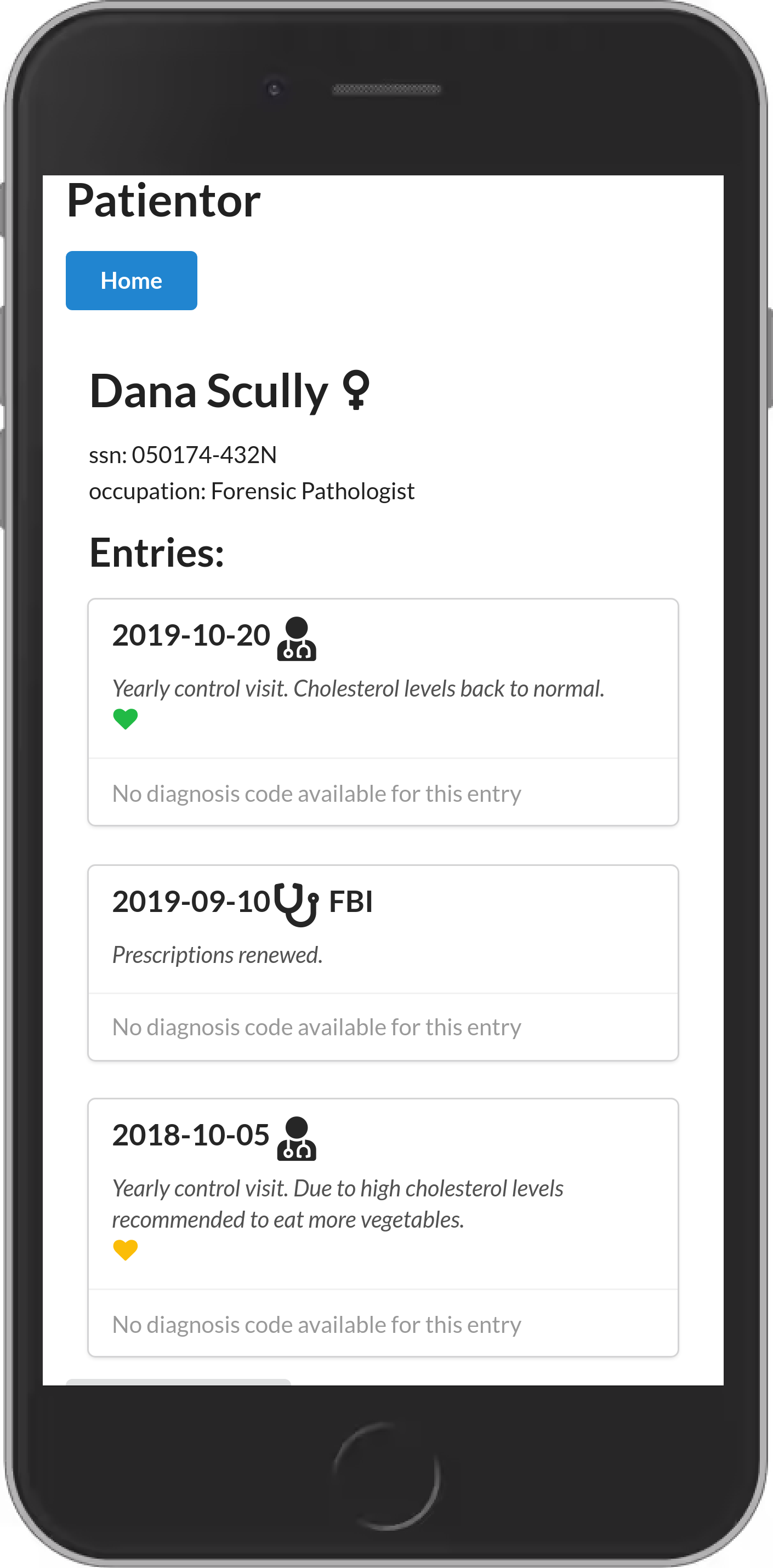 Screenshot of the app showing patient details of Dana Scully