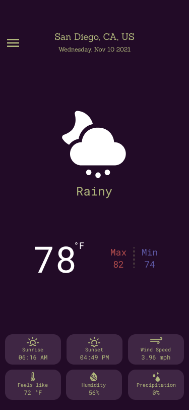 Landing page of the weather app