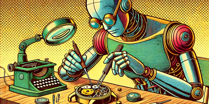 AI golden age sci-fi style art of humanoid robot wearing glasses repairing watch with small. jeweler's screwdriver