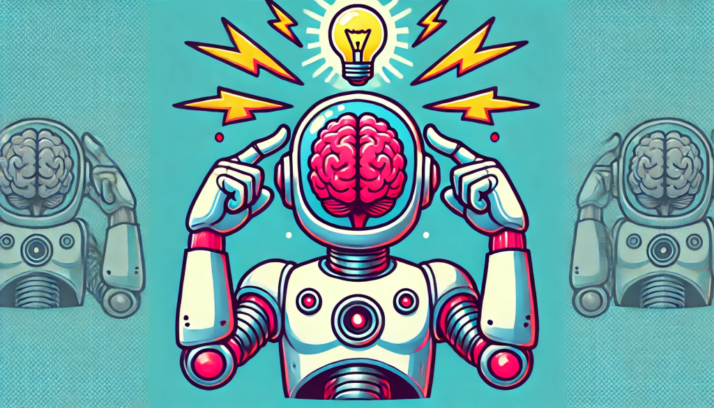 Cartoon stipple color image of a white humanoid robot with transparent head dominated by pink brain holds its hands up and points at its head with a lightbulb and lightning bolts floating directly above it