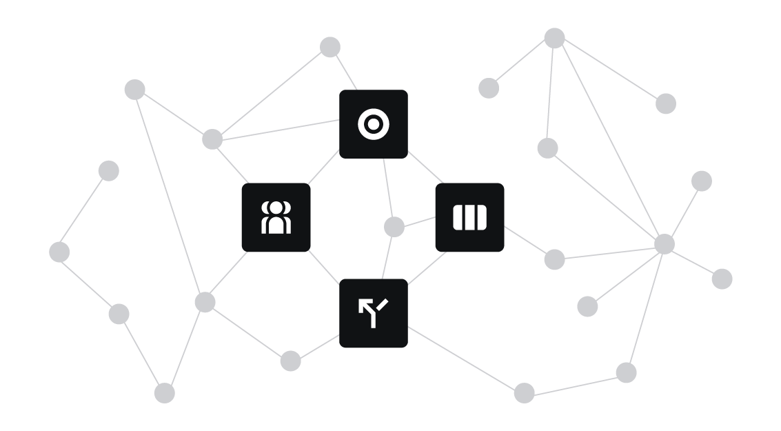 Ícones de empresas conectados em uma web.