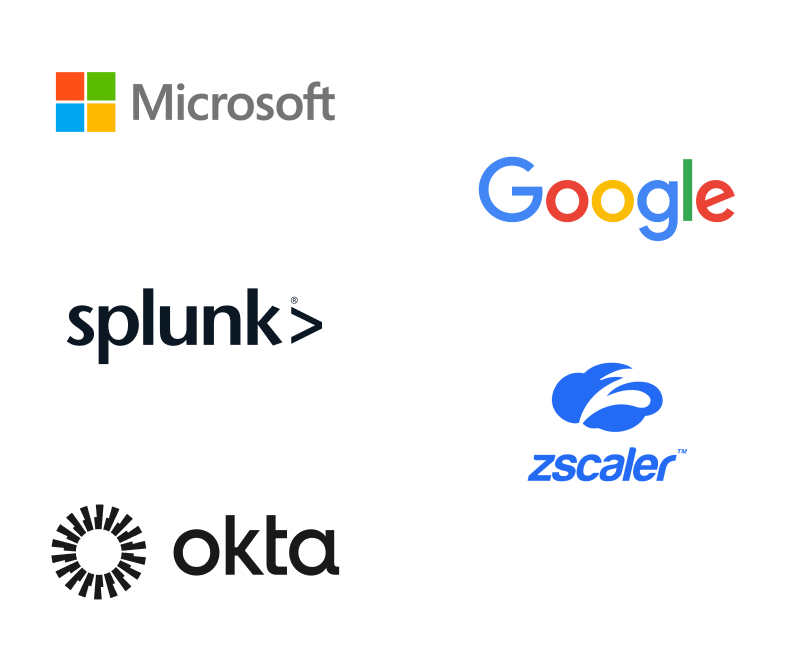 Logo's van Microsoft, Splunk, Okta, Google en Zscaler