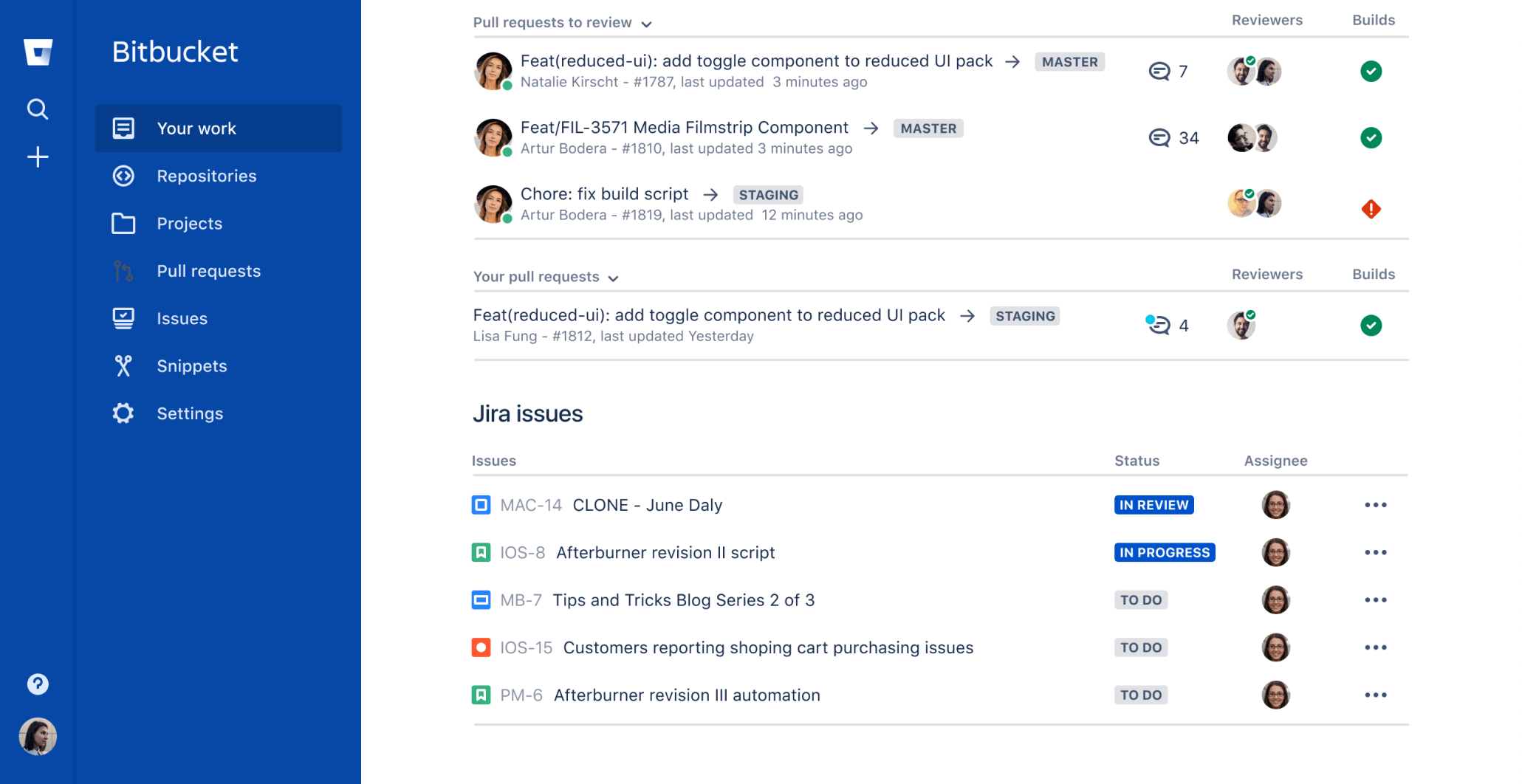 Captura de pantalla del panel de Bitbucket