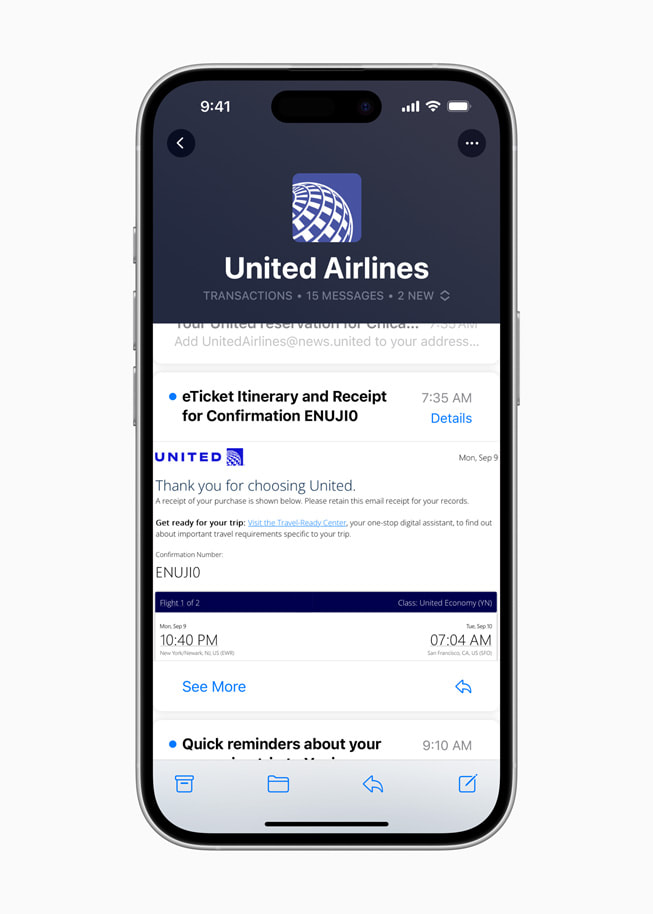 Un contenido de Branded Mail de United Airlines se muestra en el buzón de entrada de una persona en un iPhone 16 Pro. 