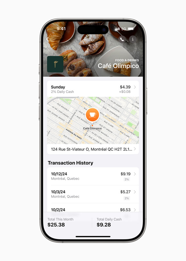 iPhone 16 Pro 上的「錢包」app 中，商家的地點卡顯示 Daily Cash 優惠。