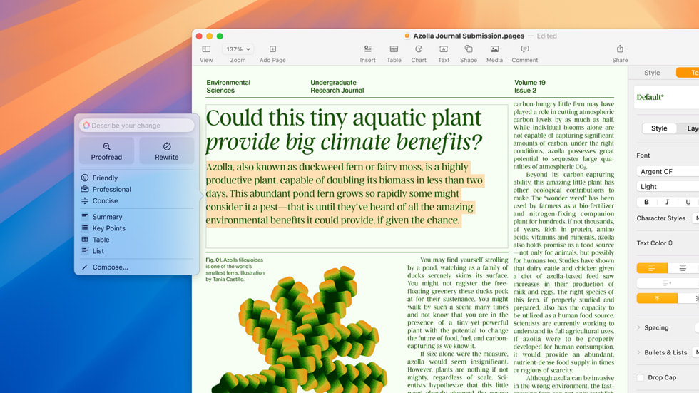 Un écran Outils d’écriture affiche le texte d’un article scientifique en surbrillance, accompagné d’options de réécriture et de révision.