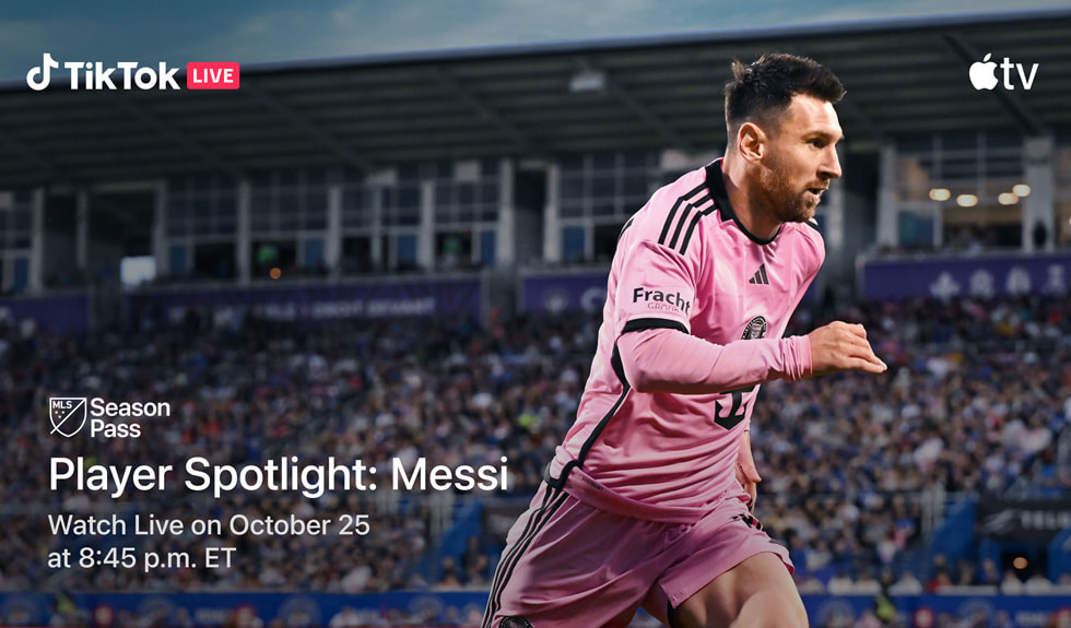 國際邁阿密的梅西出現在 Apple TV+ MLS 季票畫面上，展示即將推出的 TikTok「Player Spotlight: Messi」直播呈現。