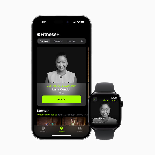 iPhone 16 e Apple Watch mostrando um episódio de Hora de Caminhar com Lana Condor no Apple Fitness Plus.