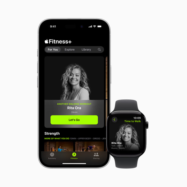 iPhone 16 e Apple Watch mostrando um episódio de Hora de Caminhar com Rita Ora no Apple Fitness Plus.