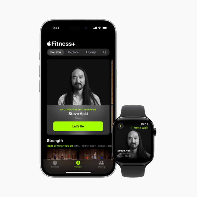 iPhone 16 e Apple Watch mostrando um episódio de Hora de Caminhar com Steve Aoki no Apple Fitness Plus.