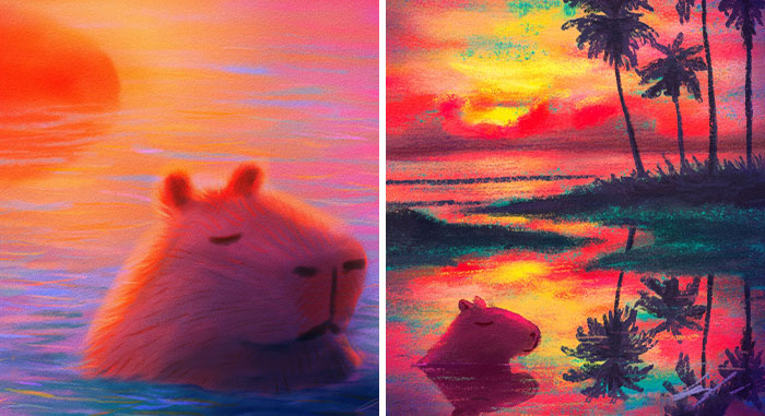 I Created Paintings Of Capybaras In Various Moments Of Rest And Relaxation (27 Pics)