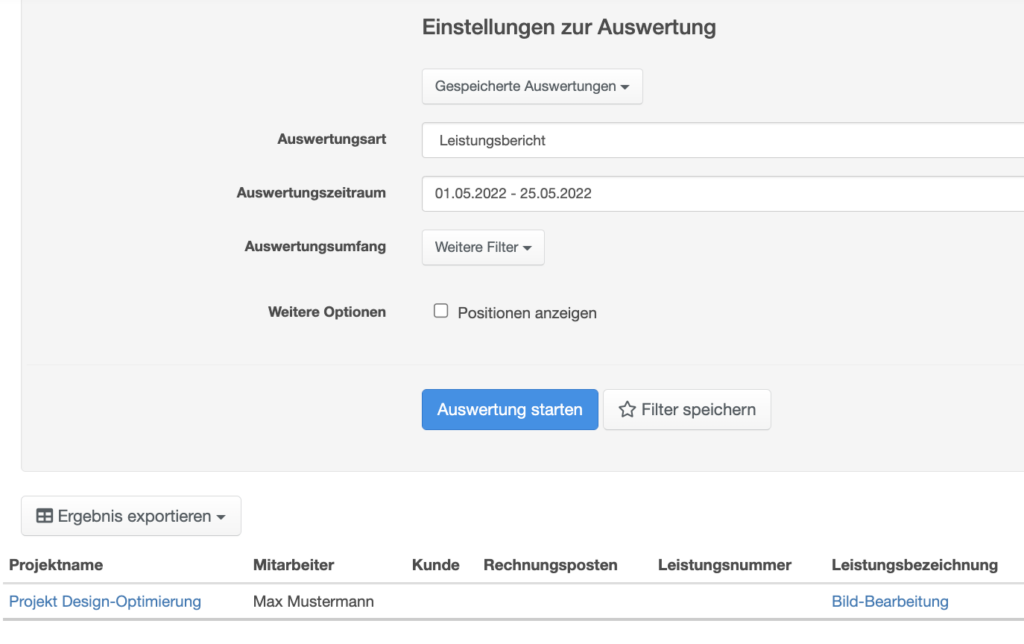 Einstellungen zur Auswertung in easybill Rechnungssoftware, Projektname: Design-Optimierung