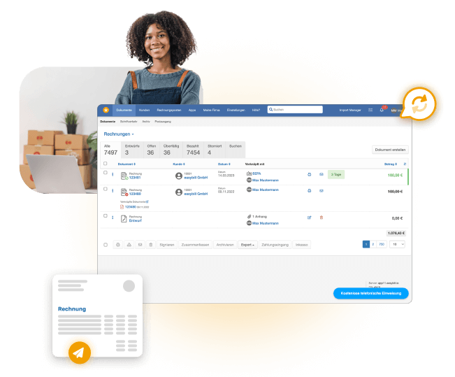 Lächelnde Frau mit Laptop und Paketen, daneben die Benutzeroberfläche der easybill Rechnungssoftware für Online Marktplatz Rechnungen