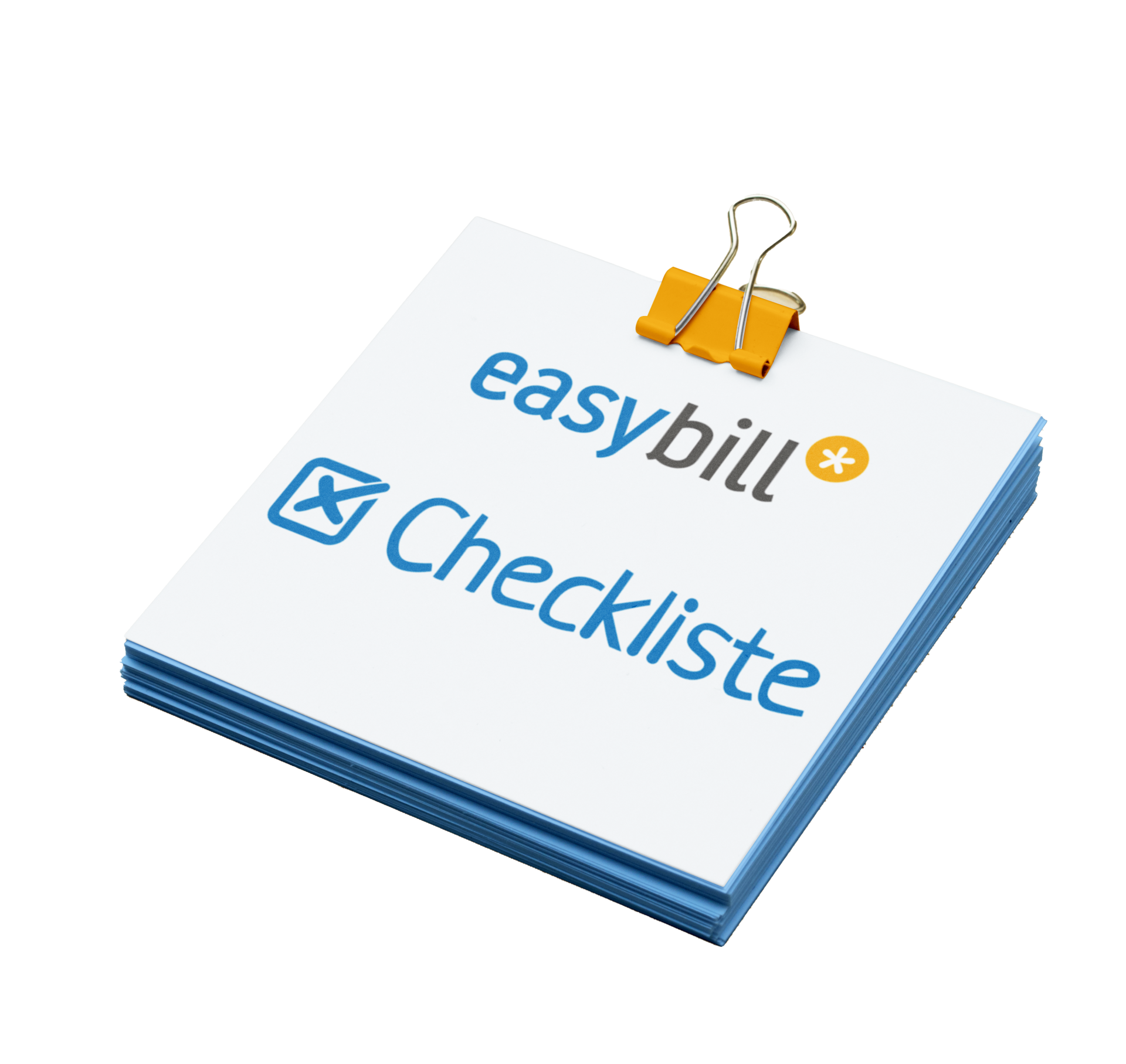 Ein Stapel von Blättern gebunden mit einer gelben Büroklammer, bedruckt mit dem Logo von easybill und dem Wort 'Checkliste', symbolisiert eine organisierte Dokumentation für Rechnungs- und Buchhaltungsprozesse