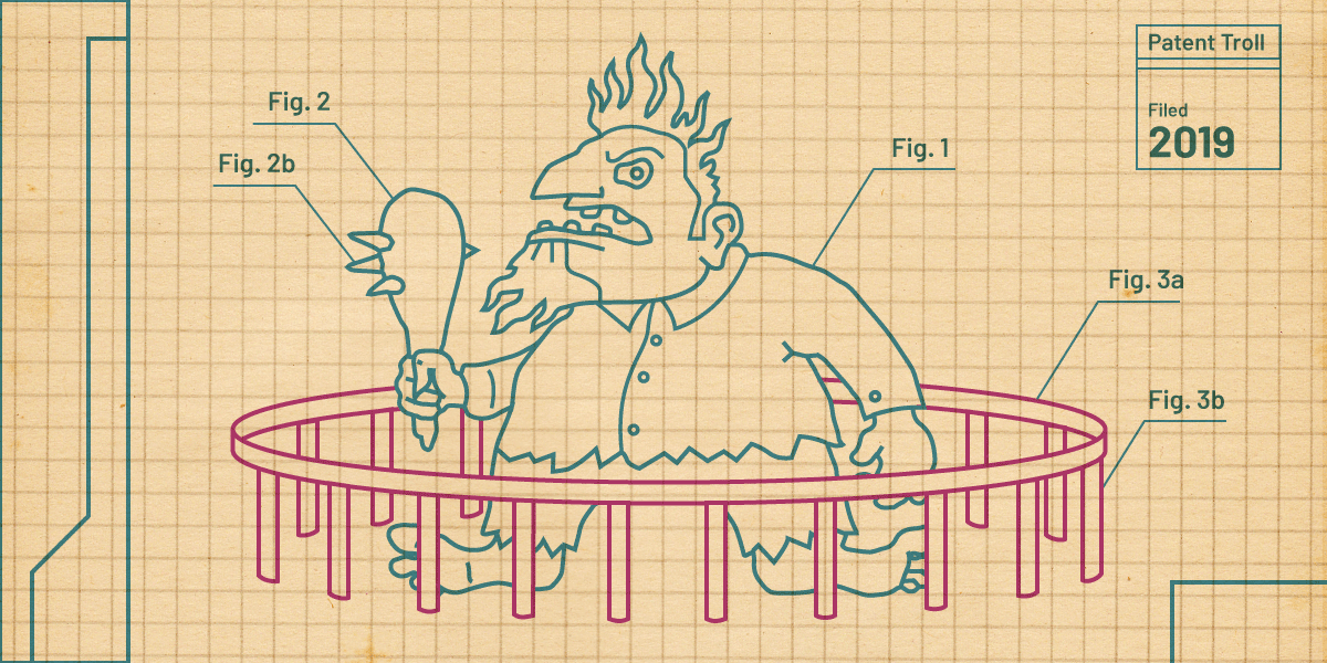 Patent Troll in jail Drawing of a troll encaged in a low cage with easy escape