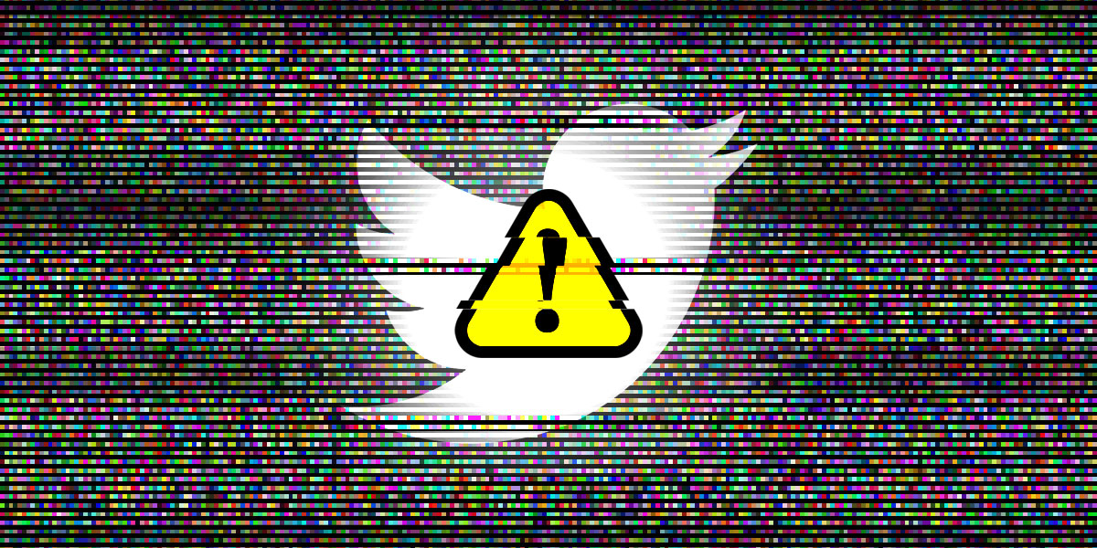 Distorted Twitter logo with a caution symbol superimposed