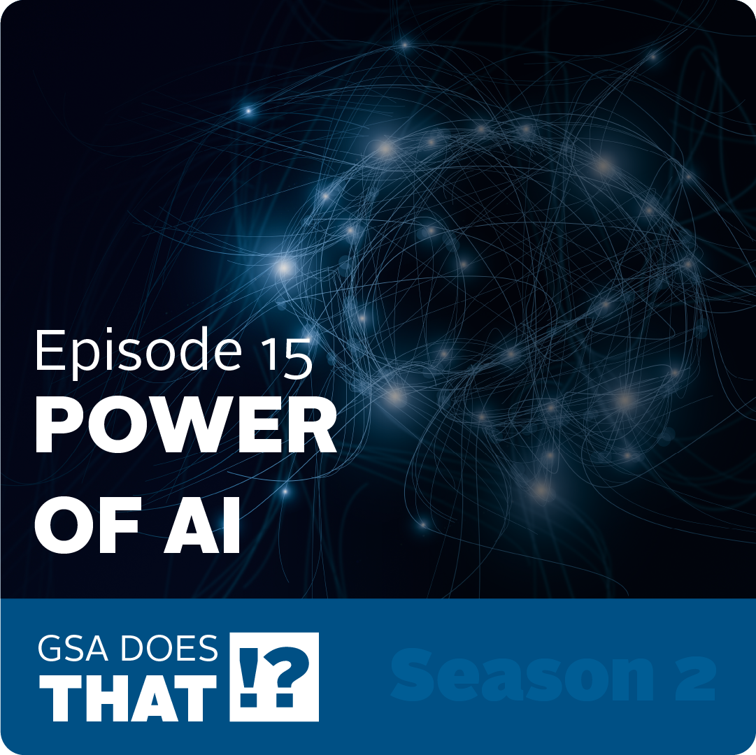 Blue Square that says Episode 15, Power of AI