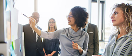 A group of five people looking at a white board with one woman pointing at it