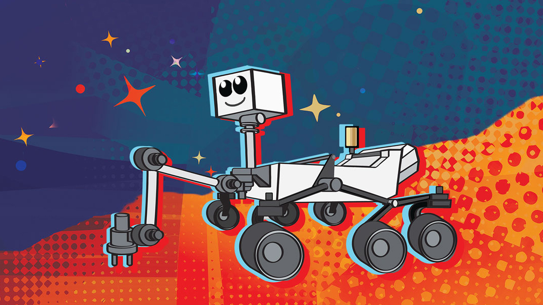 Cartoon graphic of the Mars 2020 rover against a colorful retro background